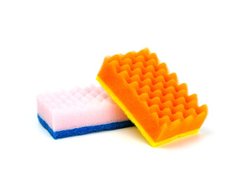 A sponge for washing dishes in bright colors with a beautiful design on a white background.	