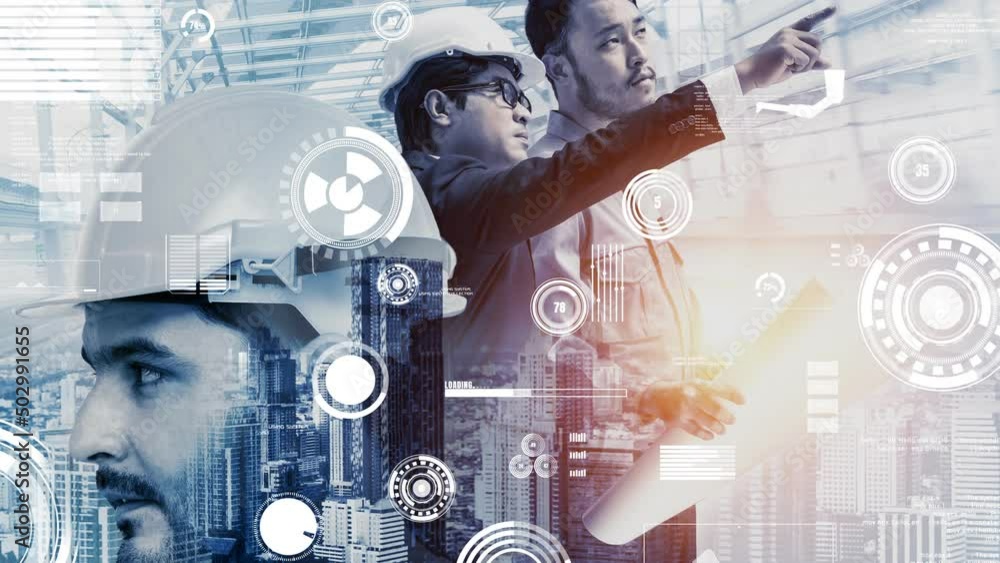 Poster future building construction and inventive engineering project concept with hud hologram graphic des