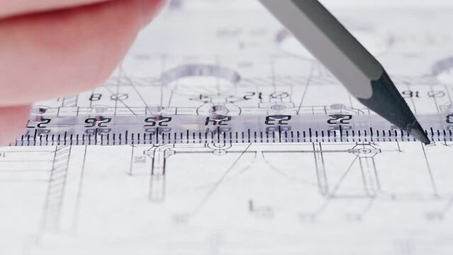 Drawing line with pencil and ruler, plan blueprint close-up. Architect designer working, interior creator making architectural house project, drafting building. 