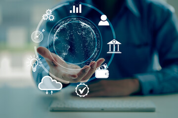 virtual digital technology concept social media artificial intelligence and communication network concepts social media icons in hand and sustainable real estate business