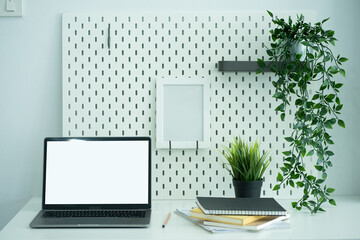 Laptop computer and book, plant pot on business man's desk.