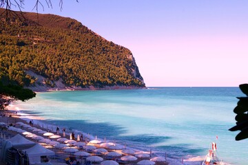 landscape of the San Michele beach and the Sassi Neri in Sirolo in Ancona on the Conero Riviera,...
