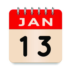 13 day of the month. January. Flip old formal calendar. 3d daily icon. Date. Week Sunday, Monday, Tuesday, Wednesday, Thursday, Friday, Saturday. Cut paper. White background. Vector illustration.