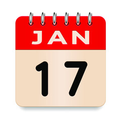 17 day of the month. January. Flip old formal calendar. 3d daily icon. Date. Week Sunday, Monday, Tuesday, Wednesday, Thursday, Friday, Saturday. Cut paper. White background. Vector illustration.