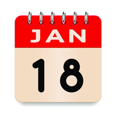18 day of the month. January. Flip old formal calendar. 3d daily icon. Date. Week Sunday, Monday, Tuesday, Wednesday, Thursday, Friday, Saturday. Cut paper. White background. Vector illustration.