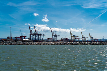Fototapeta na wymiar Commercial seaport View from the sea Livorno Tuscany Italy