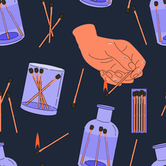 Matches in glass jars, box, hand with burning match seamless pattern on dark blue background. Decorative illustration, good for printing.