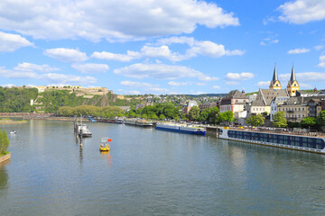 Fototapeta premium View of the Ehrenbreitstein Fortress, the city of Koblenz and the Moselle, Koblenz - Germany