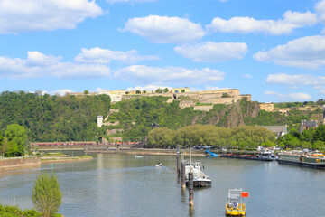 Obraz premium View of the Ehrenbreitstein Fortress, the city of Koblenz and the Moselle, Koblenz - Germany