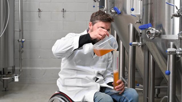 Person with disability who uses a wheelchair working at craft beer factory. High quality 4k footage