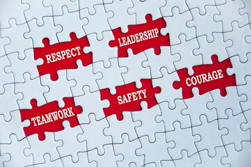 Business concept. Respect, leadership, teamwork, safety and courage text on missing jigsaw puzzle.