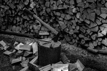 Ax with scattered firewood in summer black and white photo