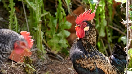 Nice rooster with black fur with golden details, long black tail and red crest walking through the field near a black and white chicken