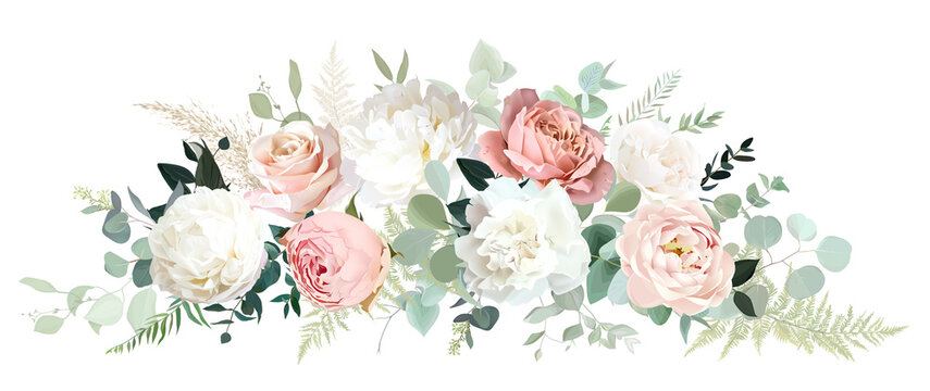 Pale pink camellia, dusty rose, ivory white peony, carnation, nude pink ranunculus, eucalyptus vector design