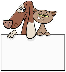 cartoon dog and cat with blank card or board graphic design