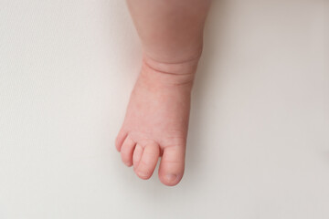 small feet of a newborn baby on a white background