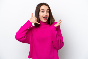 Young Ukrainian woman isolated on white background making phone gesture and doubting