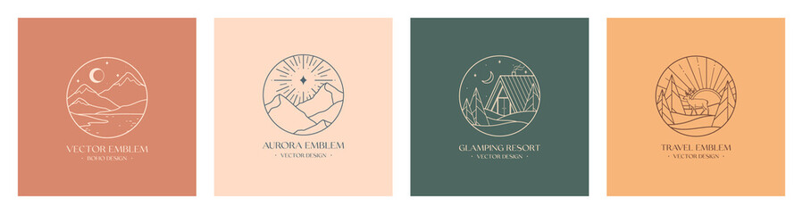 Vector linear glamping emblems with forest landscape,mountains,house or tent.Travel logos with deer,crescent moon,lake,sun and aurora.Modern hike,camp,nature reserve,outdoor recreation labels. - obrazy, fototapety, plakaty