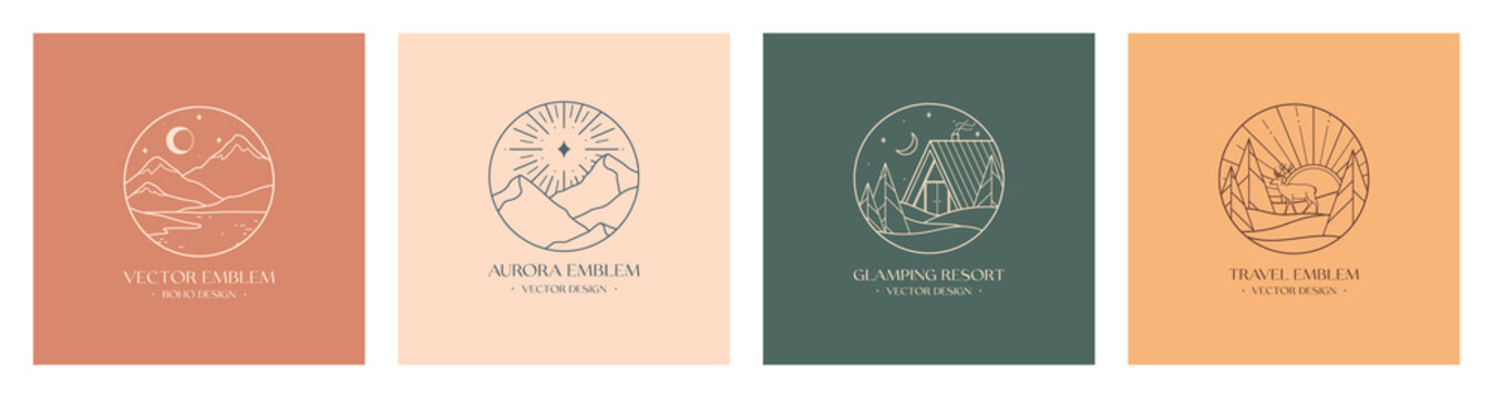 Vector linear glamping emblems with forest landscape,mountains,house or tent.Travel logos with deer,crescent moon,lake,sun and aurora.Modern hike,camp,nature reserve,outdoor recreation labels.