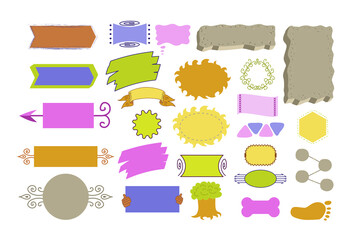 The set of colorful banners, frames and text areas hand drawn in vector. Design elements in sketch style.