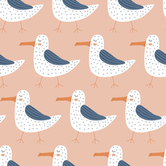 Cute seagull hand drawn vector illustration. Funny birds in flat style. Seamless pattern for children fabric.