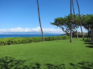 Trimmed green lawn, a hedge, deep blue sea, clear blue sky. View of Molokai island beneath white clouds. Some tree trunks and treetops  to the left. Kaanapali, Maui, Hawaii.