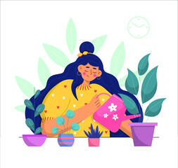Vector girl watering plants. Take care of houseplants illustration