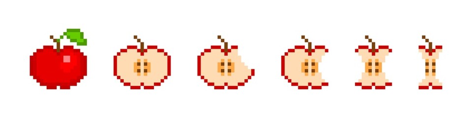 Obraz premium Pixel apple eating animation. Red 8bit fruit slowly disappears piece by piece and stalk remains. Stages of biting off parts and slices for vector game