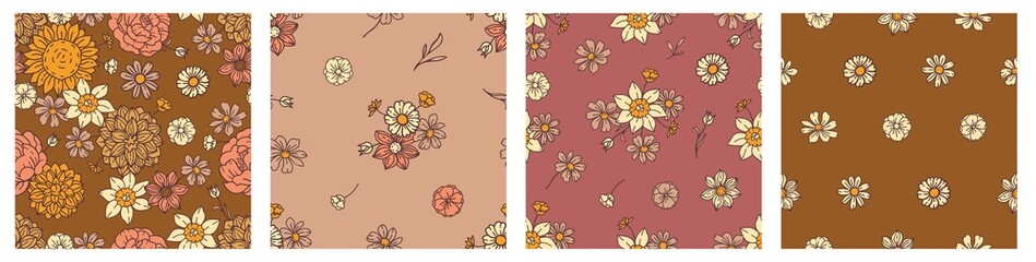 Floral seamless pattern set. Boho style. Flower background for fabric, wallpaper, wrapping paper, scrapbooking layout
