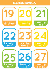 Learning numbers cards from 19 to 27. Colorful flashcards.