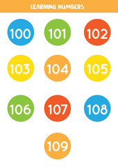Learning numbers cards from 100 to 109. Colorful flashcards.
