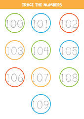 Tracing numbers from 100 to 109. Writing practice for kids.