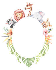 Africa animal watercolor clipart and jungle element images. A giraffe, elephant, lion, zebra, leopard with tropical flower in frame clipping path isolated on white background.