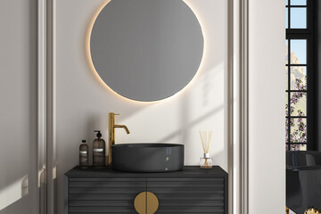 Close up of luxury sink with oval mirrors- hanging in on beige wall, modern cabinet with gold faucets in minimalist bathroom. 3d rendering
