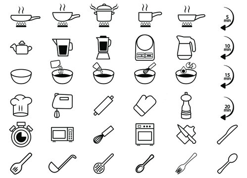 Kitchen Icons Vector, Cooking Icons, Cookware Illustration Set, Spoon, Knife, Fork, Stove, Ladle, Scale, Clock, Skimmer, Glove, Hat, Blender, Microwave, Fire, Meat Cutting Board - Silhouette