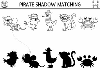 Pirate black and white shadow matching activity. Treasure island hunt line puzzle with cute animals and birds. Find correct silhouette printable worksheet. Sea adventures coloring page for kids.