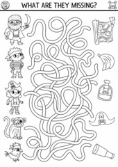 Pirate black and white maze for kids. Treasure hunt preschool printable activity with cute pirates, animals and their things. Sea adventures coloring labyrinth. What is missing worksheet .