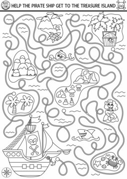 Pirate black and white maze for kids with marine landscape, ship, isles. Treasure hunt line preschool printable activity. Sea adventures coloring labyrinth. Help pirate ship get to treasure island.