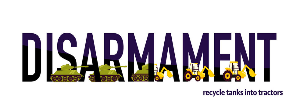 The text disarmament and tanks turning into tractors. Anti-war illustration. Stop the war. Vector illustration isolated on a white background.