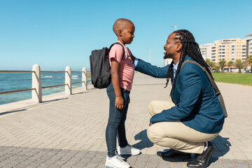 Smiling african american father crouching while talking to son with hand on shoulder at promenade © wavebreak3