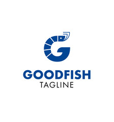 Fish logo. Letter G logo. Fish G logo. Letter logo. Logotype. Goodfish name logo. Fish restaurant, fast food. Minimal vector logo. Shrimp logo illustration.