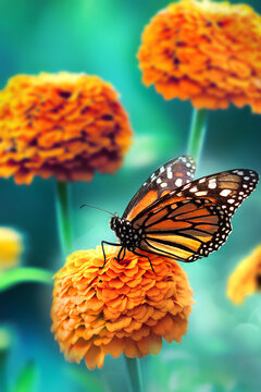 Bright orange flowers and monarch butterfly in the summer garden. Magical macro image.