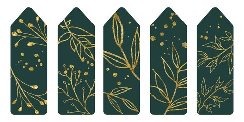 Vector illustration Set of five bookmarks decorated with botanical art texture with glitter. Bookmarks with modern creative design with glitter printable template on green background - obrazy, fototapety, plakaty