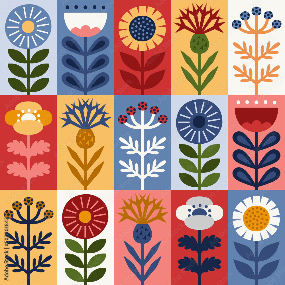 Wall mural scandinavian style floral rectangular summer vector pattern. part five.