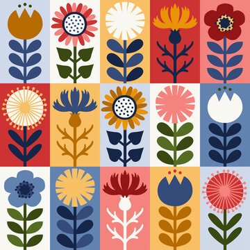 Fototapeta Scandinavian style floral rectangular summer vector pattern. Part one.