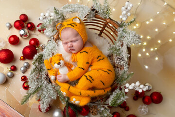 newborn child. photo session of newborns. baby is dressed in the image of a tiger