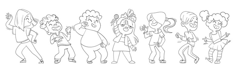Dancing kids. Cartoon characters. Funny vector illustration. Black and white. Isolated on white background. Seamless panorama. Set