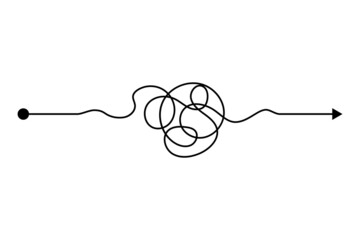 Obraz premium Arrow chaos mindset mess. Doodle knot line concept with freehand scrawl sketch. Vector hand drawn difficult thought process. Tangle path