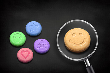 MDMA or Ecstasy pills with magnifying glass on black background