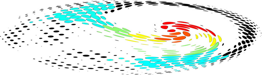 Flattened twisted sphere with rainbow polka dots.